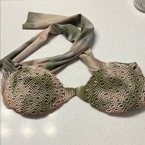 Embroidered Bikini Top in Green and Pink